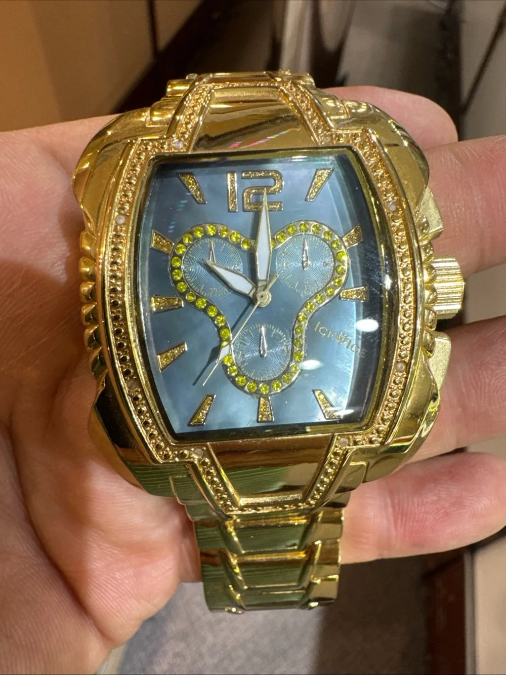 Ice Ice Gold Tone Diamond Watch Tonneau Case Not Working Double Push Clasp